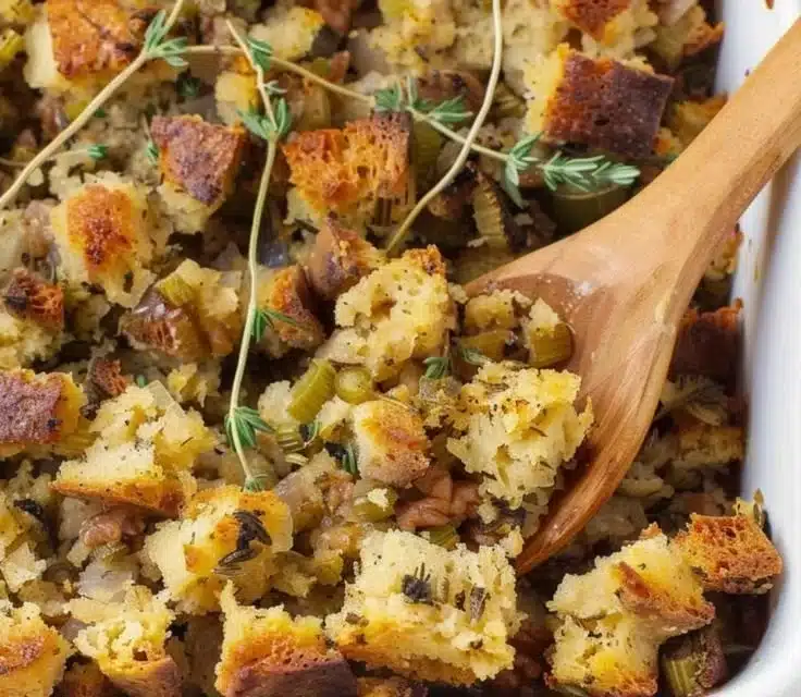 Artisan sourdough stuffing made with fresh ingredients for a festive meal.