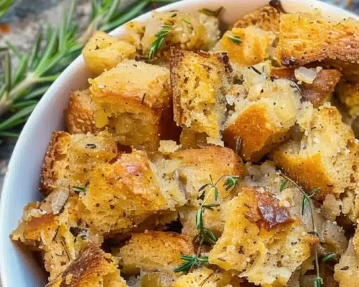 Artisan sourdough stuffing with herbs and vegetables in a baking dish