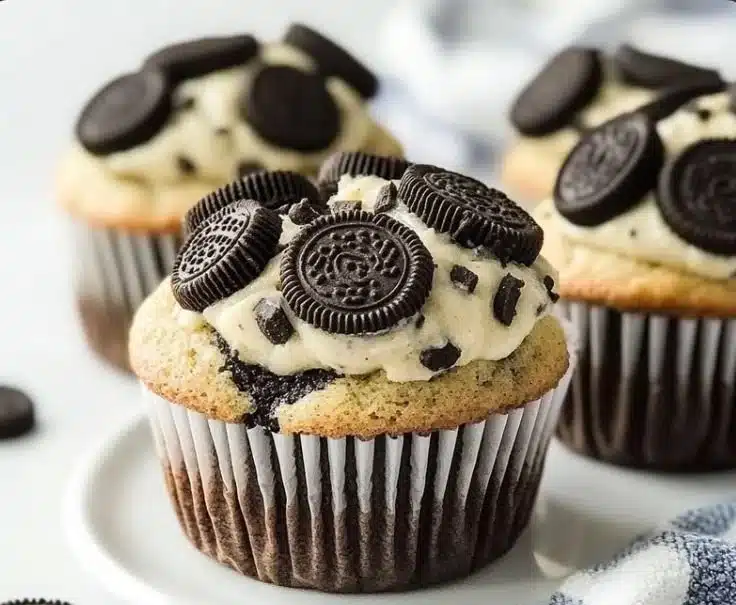 Bakery-style Oreo muffins fresh out of the oven with creamy Oreo frosting