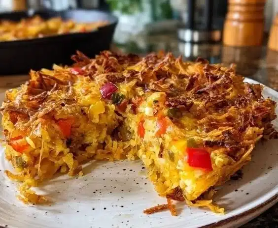 Delicious breakfast casserole with hash browns, cheese, and eggs in a baking dish.
