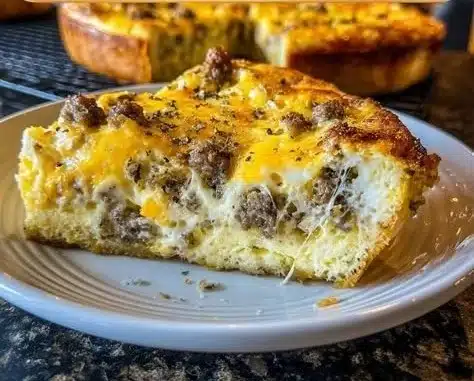 A delicious breakfast casserole with eggs, sausage, and cheese baked to perfection
