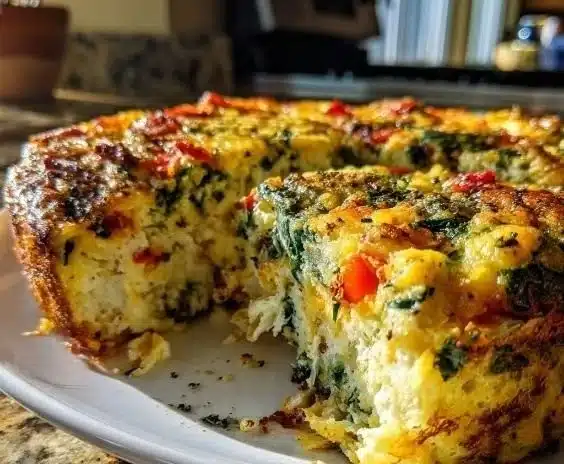 Delicious breakfast casserole with fresh vegetables baked to perfection