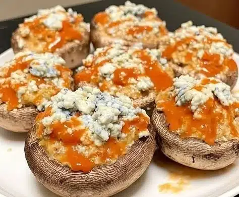 Delicious buffalo-stuffed mushrooms topped with cheese and spicy sauce