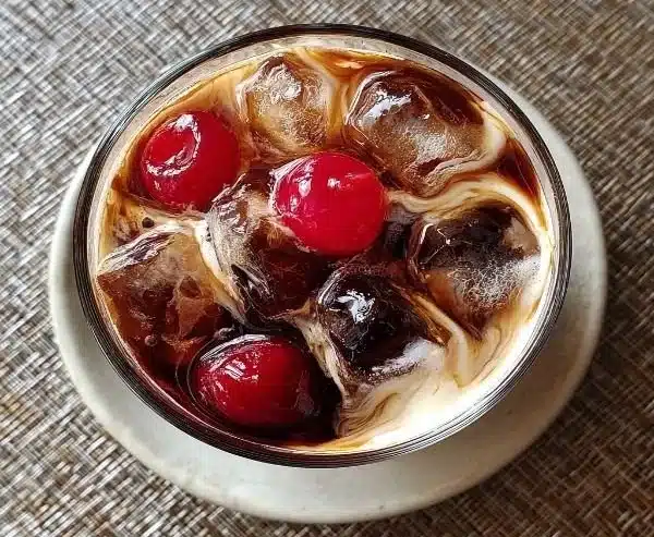 Cherry White Russian cocktail served in a glass with cherries and cream.