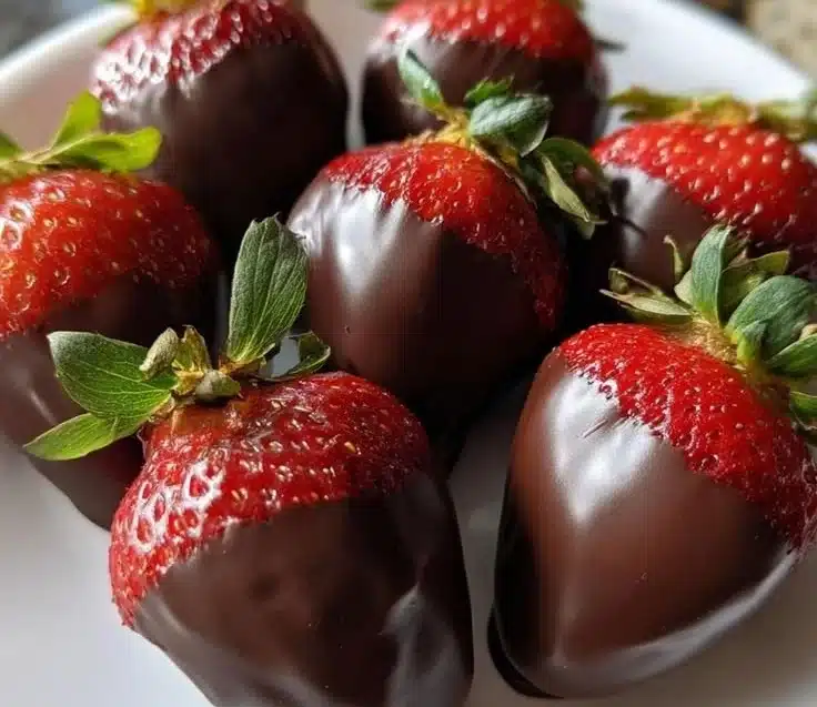 Delicious chocolate covered strawberries arranged on a plate
