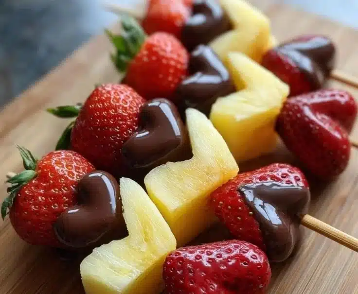 Chocolate dipped fruit skewers with strawberries and pineapple