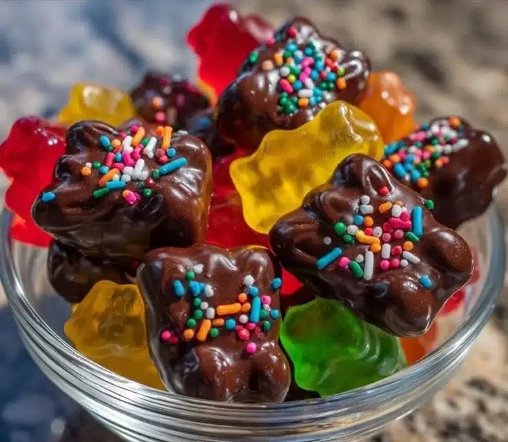 Delicious chocolate-dipped Haribo gummy bears on a white background