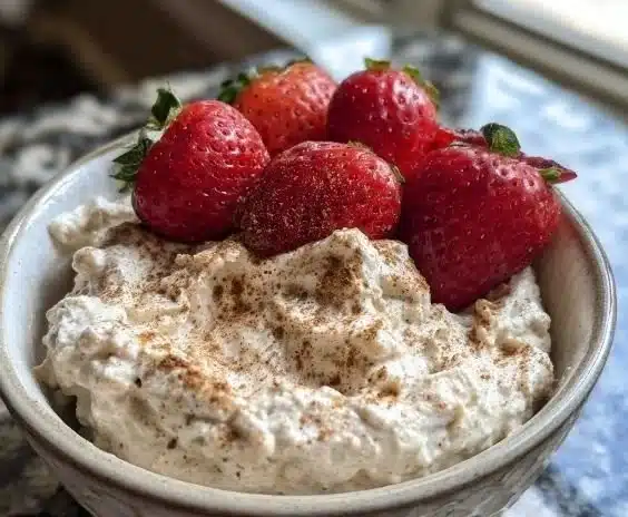 Cinnamon yogurt fruit dip served with fresh fruit for dipping.