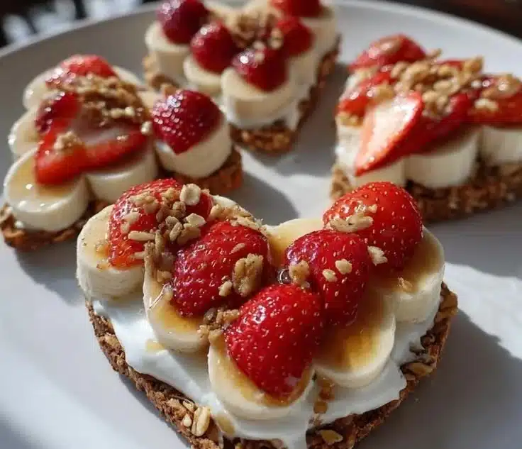 Colorful and healthy Valentine's Day snacks in heart-shaped arrangements.