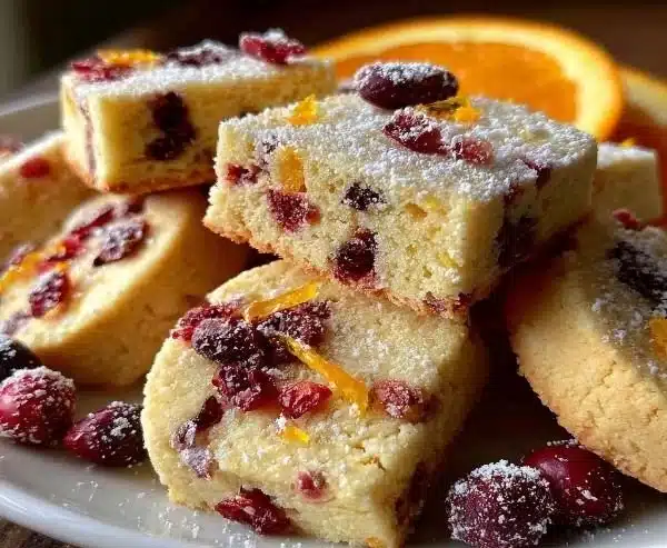 Cozy Cranberry Orange Shortbread cookies on a wooden table