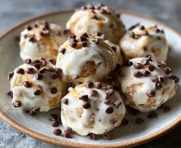 Frozen Greek yogurt peanut butter bites with chocolate chips on a plate