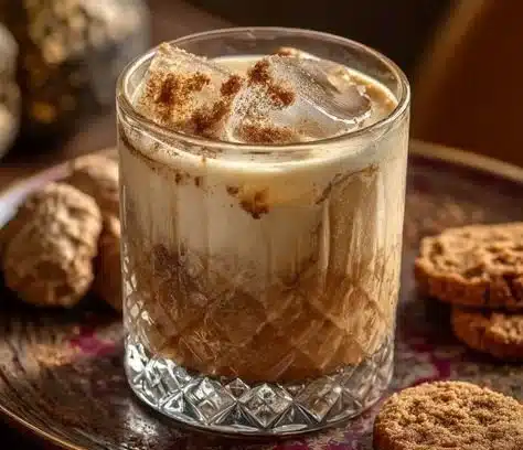 Gingerbread White Russian holiday cocktail garnished with gingerbread cookie