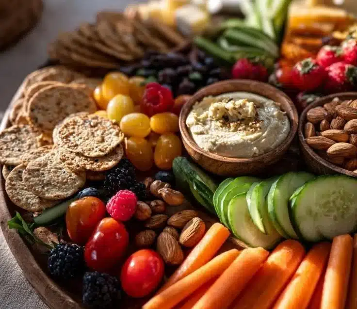 Healthy Valentine's Charcuterie Board featuring fruits, veggies, and dips