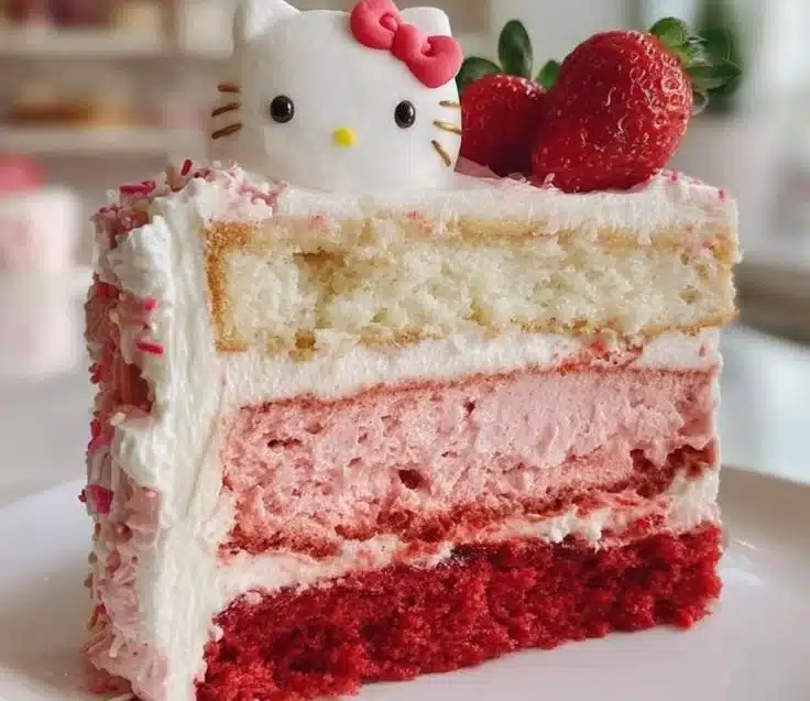 Hello Kitty Valentine's Cake decorated with hearts and pink frosting