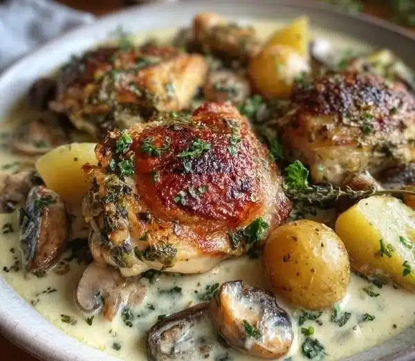 Herb Roasted Chicken in Creamy White Sauce with Mushrooms and Potatoes dish