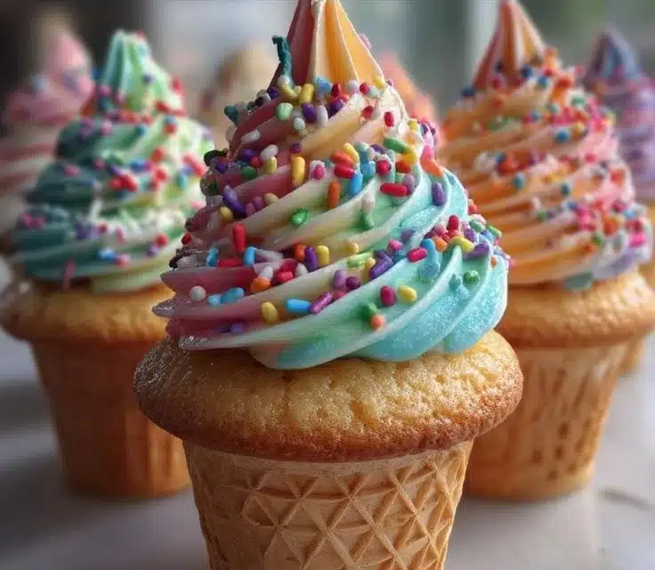 Ice cream cone cupcakes decorated with colorful frosting and sprinkles