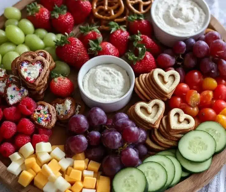 Fun and colorful kids charcuterie board with healthy snacks and treats.