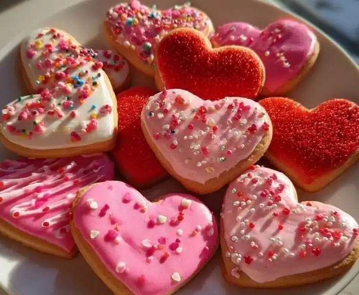 Colorful kids Valentine's cookies decorated with hearts and sprinkles.