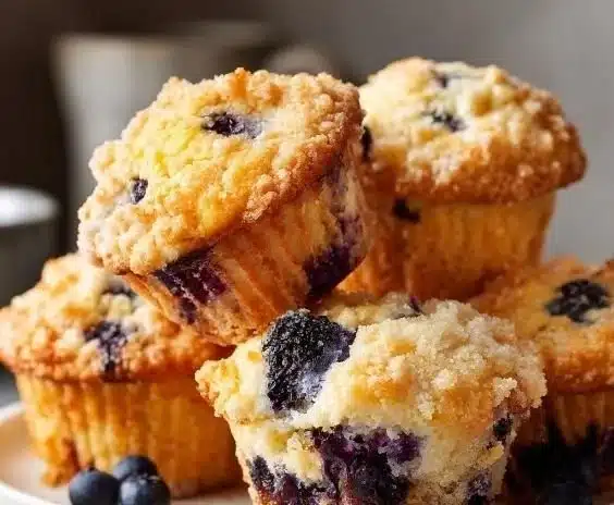 Meyer lemon blueberry muffins on a wooden table with fresh blueberries