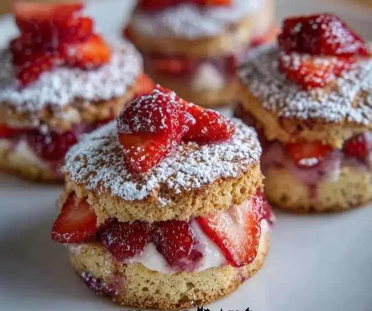 Mini strawberry cakes topped with fresh strawberries and whipped cream