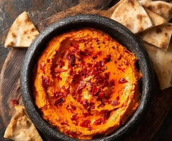 Bowl of Muhammara roasted pepper dip garnished with herbs and served with pita