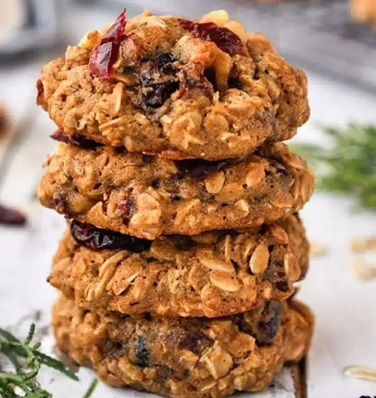 Plate of oatmeal cranberry walnut cookies freshly baked and ready to enjoy.