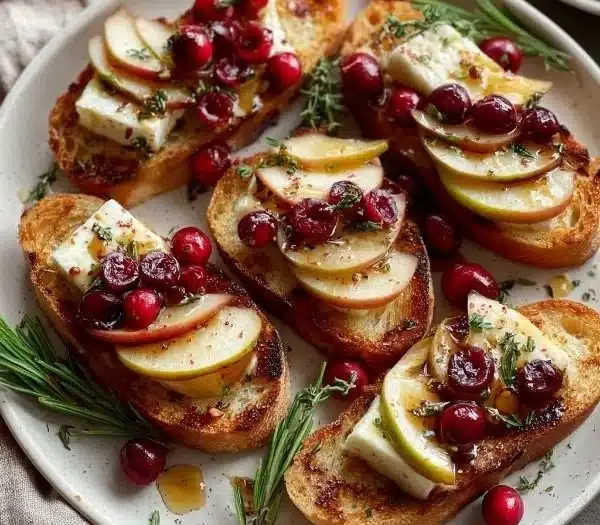 Delicious Pear Brie Cranberry Crostini appetizer topped with pear slices and cranberries.