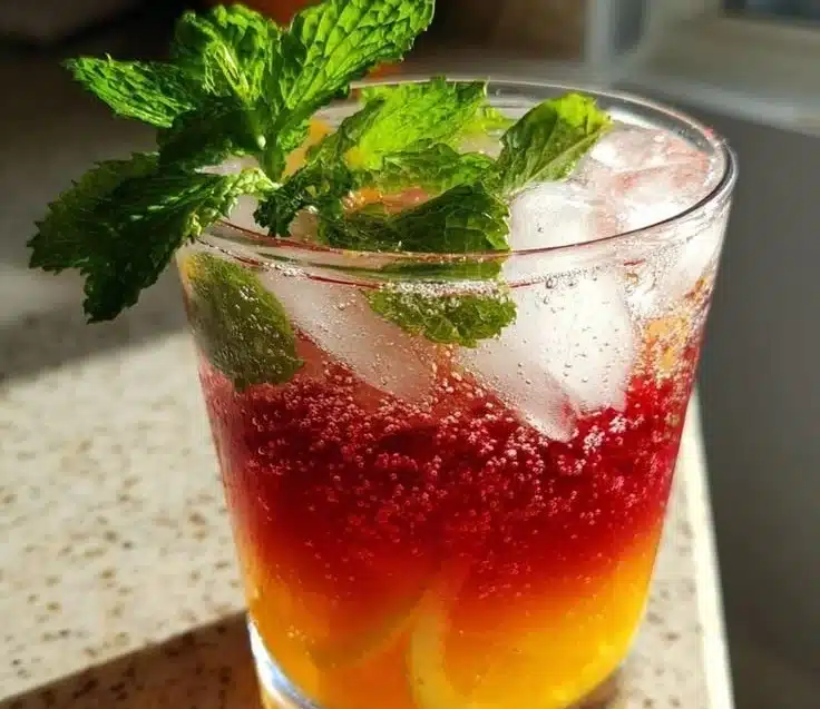 Colorful non-alcoholic drinks for Valentine's Day, featuring fresh fruits and garnishes.