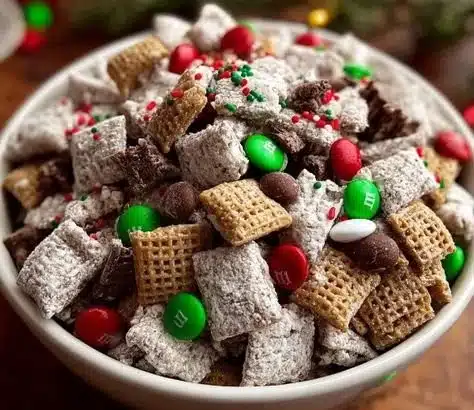 Festive Reindeer Food Christmas Puppy Chow in a bowl