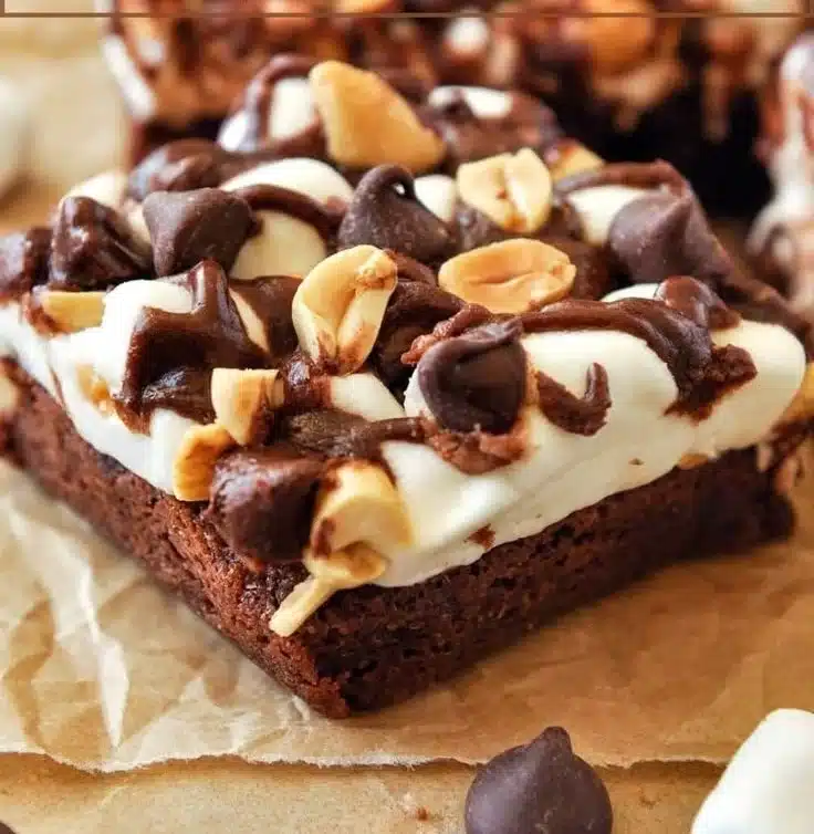 Decadent Rocky Road Brownies topped with nuts and marshmallows