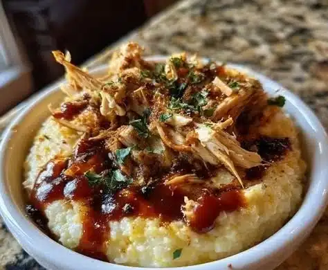 Plate of shredded barbecue chicken on creamy grits with garnish