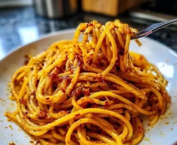 Charred spicy pasta dish topped with fresh herbs and spices