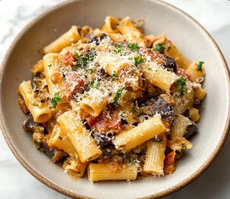 Delicious spicy eggplant pasta garnished with herbs