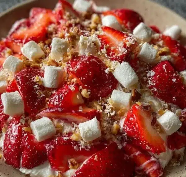 Delicious Strawberry Crackle Salad featuring fresh strawberries and crunchy toppings