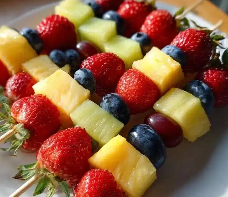 Colorful Valentine's Day fruit kabobs featuring strawberries, bananas, and heart-shaped melons.