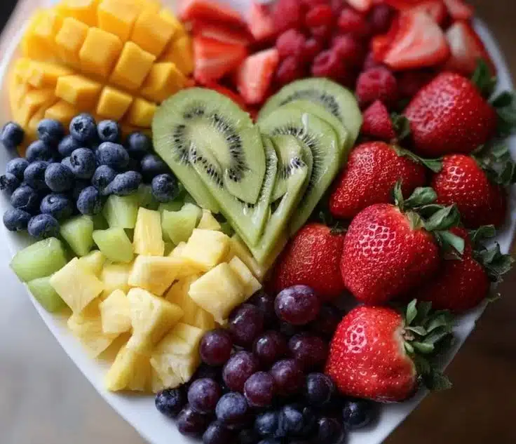 Colorful Valentine's Day fruit platter with strawberries, melons, and hearts.