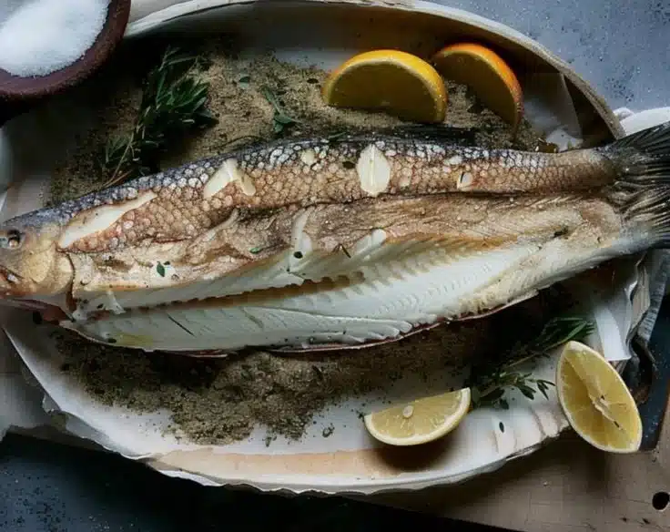 Whole Barramundi baked in salt crust, ready for serving.