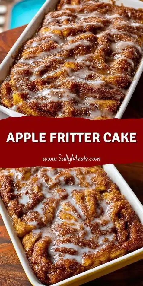 A slice of moist Apple Fritter Cake topped with glaze and apple chunks.
