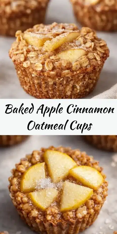 Baked apple cinnamon oatmeal cups fresh out of the oven topped with apple slices