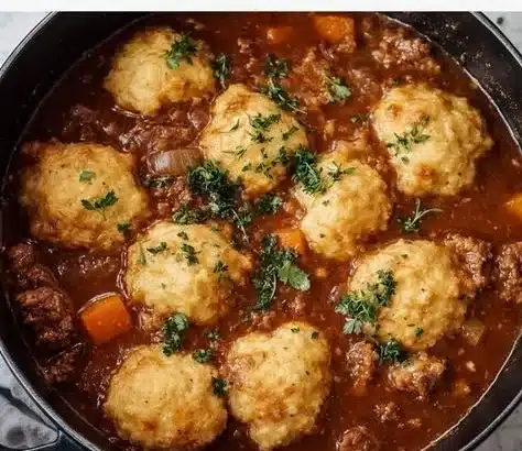 Delicious beef stew with tender dumplings served in a rustic bowl.