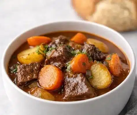 A bowl of rich beef stew in red wine sauce with vegetables and herbs