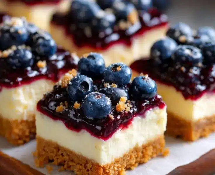 Blueberry cheesecake bars with creamy filling and fresh blueberries on top