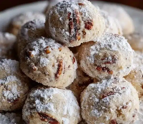 Delicious buttery Pecan Snowball Cookies dusted with powdered sugar