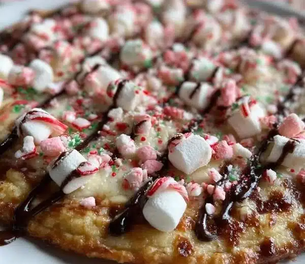 Delicious Candy Cane Pizza topped with festive peppermint and icing