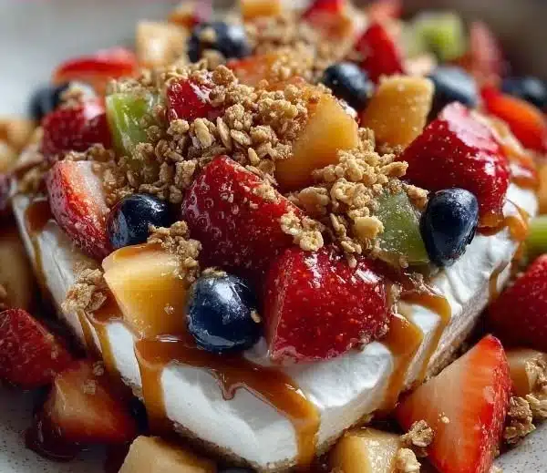 Delicious Caramel Crunch Cheesecake Fruit Salad with fruits and caramel topping