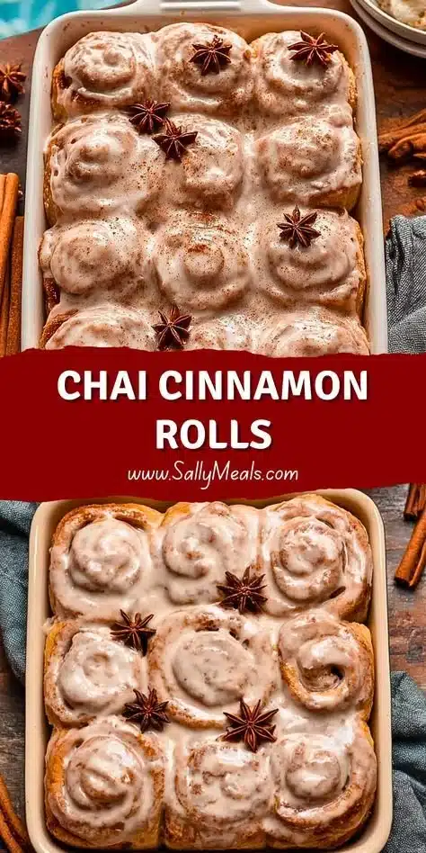 Delicious homemade Chai Cinnamon Rolls topped with icing and spices