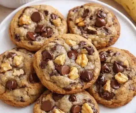 Plate of chewy banana bread chocolate chip cookies fresh out of the oven