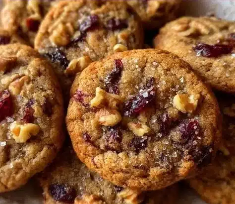 Chewy spiced cranberry cookies with walnuts on a rustic wooden table.