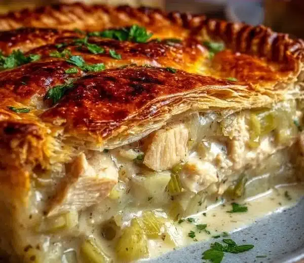 Homemade Chicken and Leek Pie served hot with a golden crust