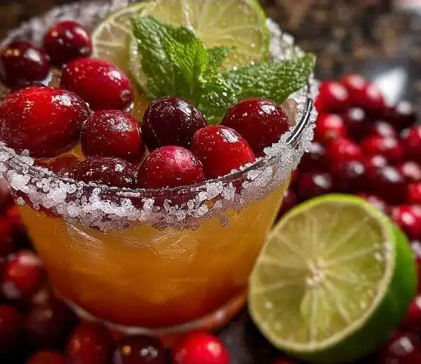 A festive Christmas mistletoe margarita garnished with fresh herbs and red berries.